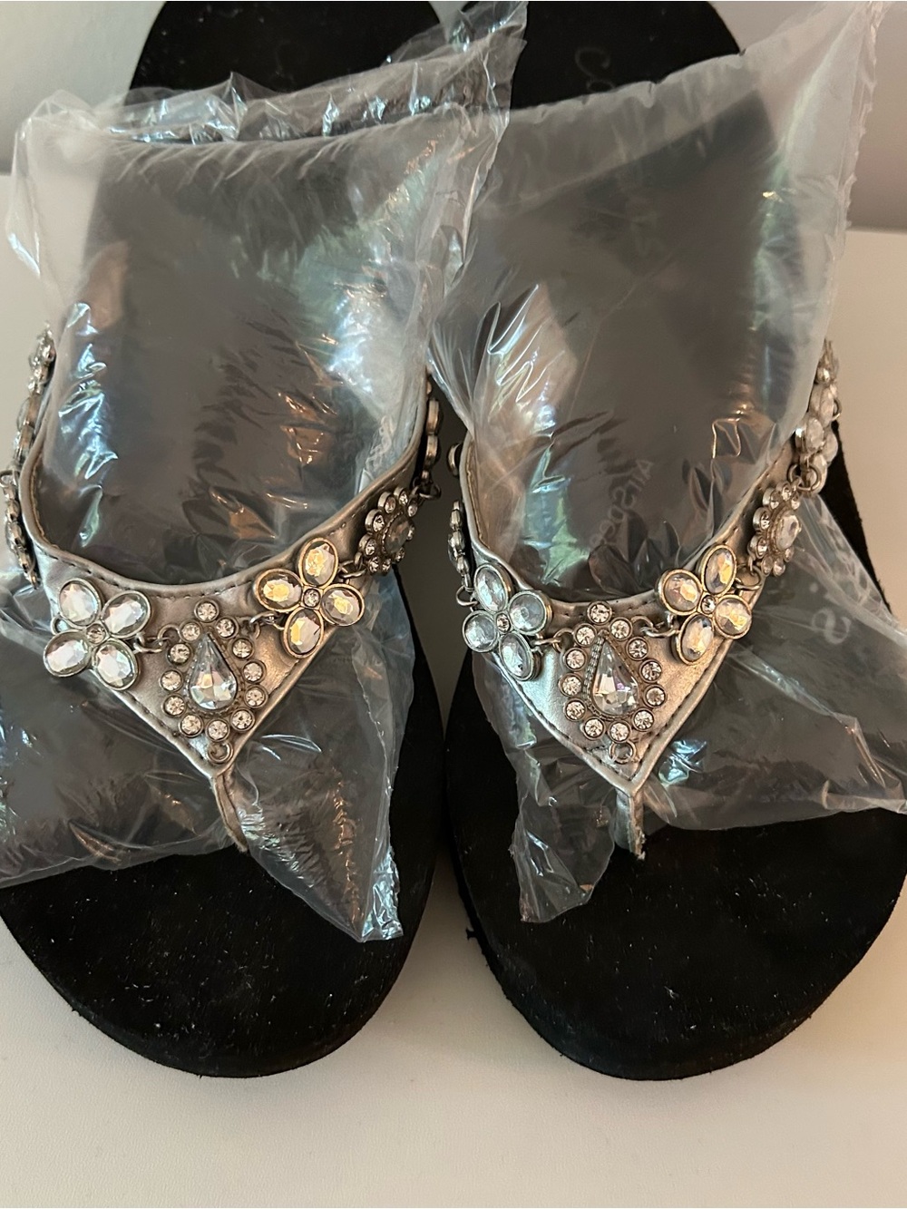 Women's Black Jewel-Embellished Thong Sandals